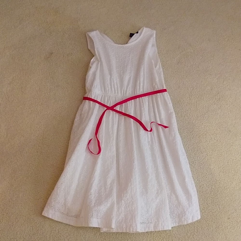 Lands End White dress with a pink ribbon belt